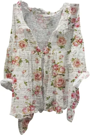 Womens Linen Button Down Shirts Women's Floral Butterfly Print Natural Autumn Shirts Loose Work Tops with Pockets