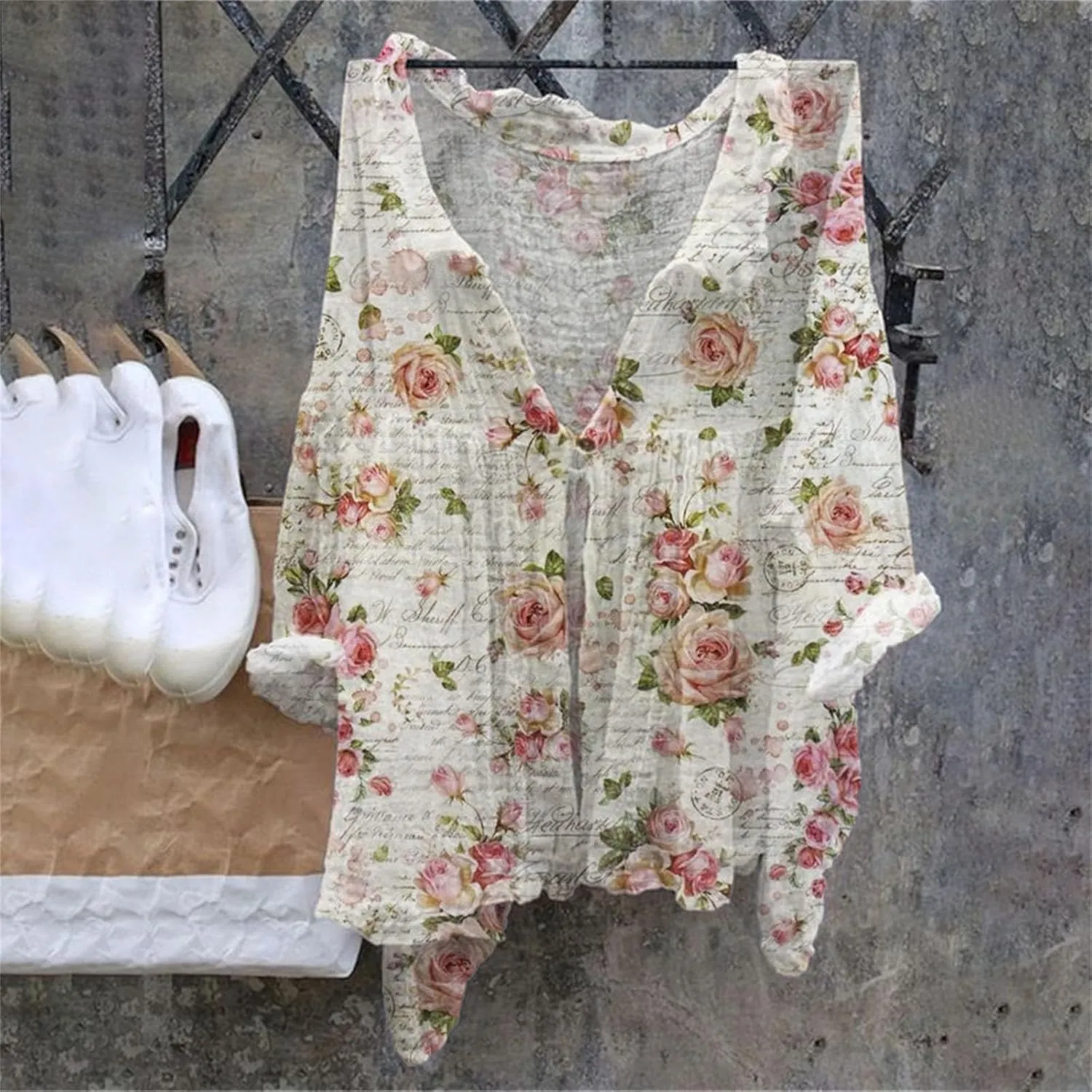 Womens Linen Button Down Shirts Women's Floral Butterfly Print Natural Autumn Shirts Loose Work Tops with Pockets