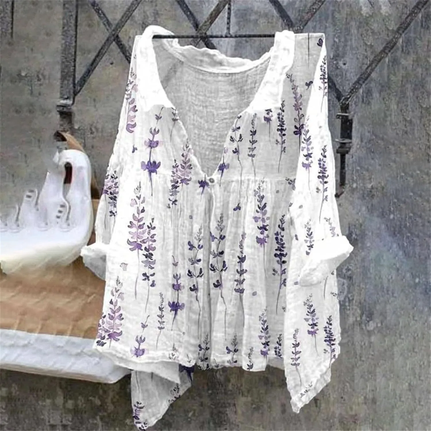 Womens Linen Button Down Shirts Women's Floral Butterfly Print Natural Autumn Shirts Loose Work Tops with Pockets