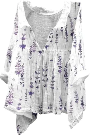 Womens Linen Button Down Shirts Women's Floral Butterfly Print Natural Autumn Shirts Loose Work Tops with Pockets