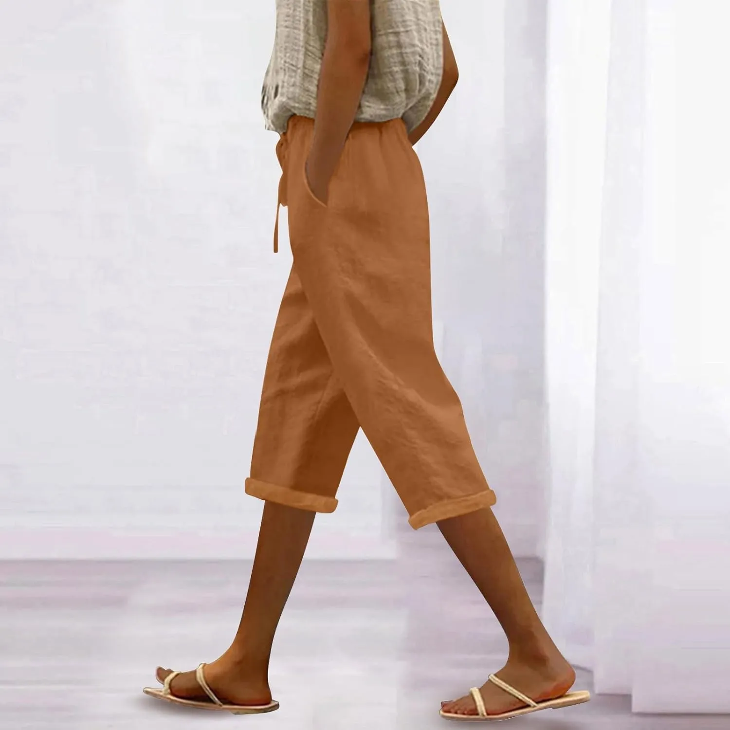 Women's Linen Capri Pants Cotton Linen Elastic Seven Pants Beach Casual Pants Linen Lightweight Loose Trousers Linen