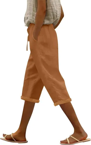 Women's Linen Capri Pants Cotton Linen Elastic Seven Pants Beach Casual Pants Linen Lightweight Loose Trousers Linen