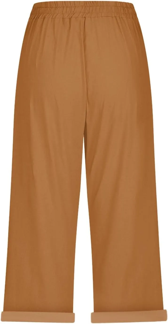 Women's Linen Capri Pants Cotton Linen Elastic Seven Pants Beach Casual Pants Linen Lightweight Loose Trousers Linen