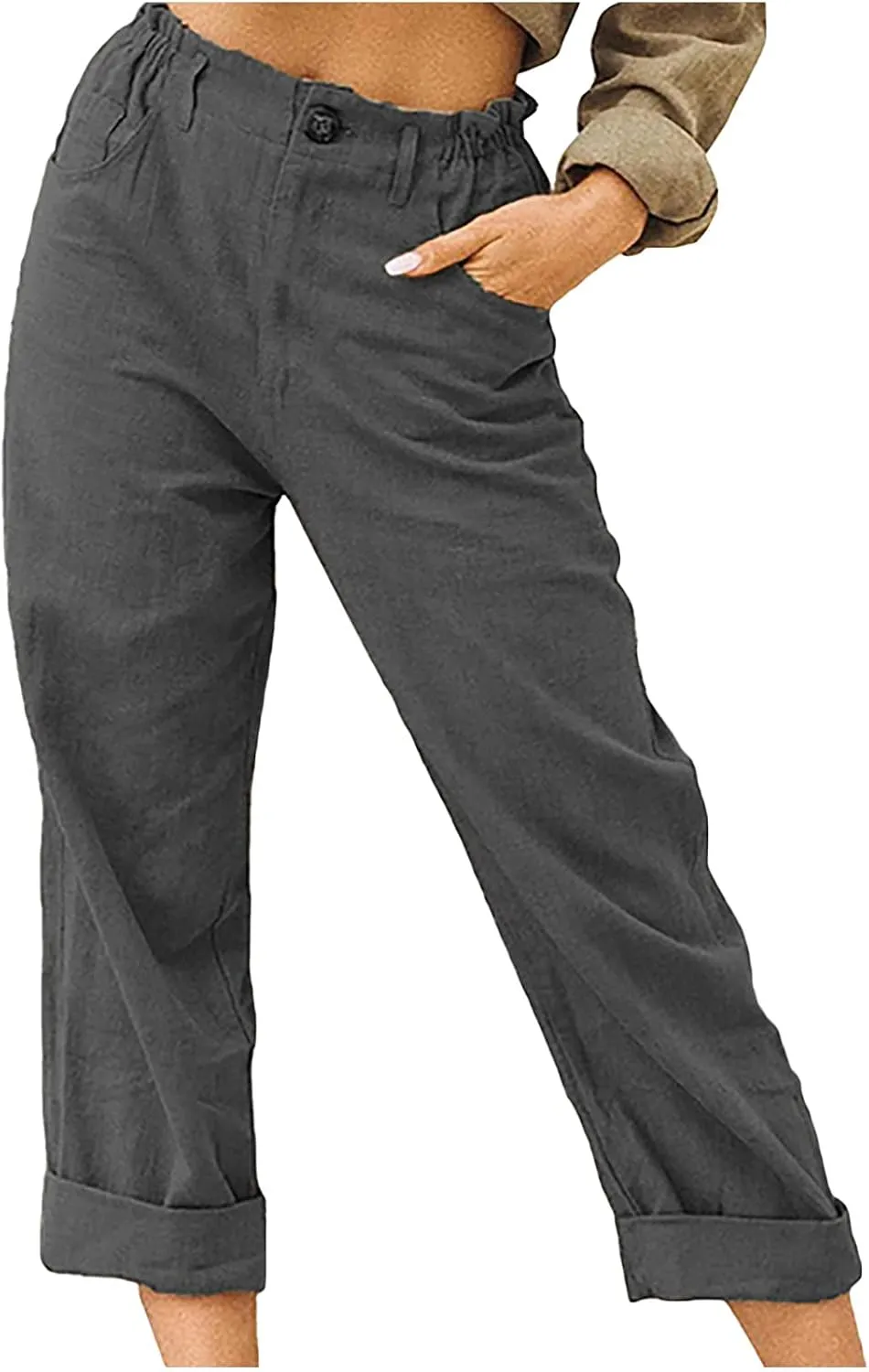 Womens Linen Capris Pants Cotton Trouser Cropped Fold Hem Trousers Slacks Business Workout Pants with Pockets