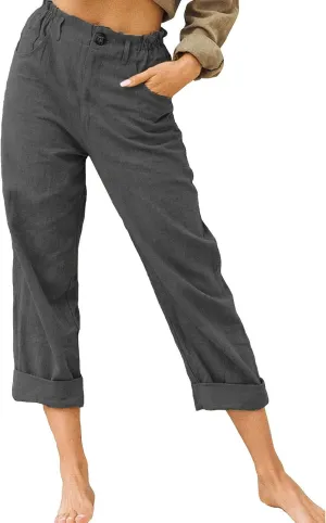 Womens Linen Capris Pants Cotton Trouser Cropped Fold Hem Trousers Slacks Business Workout Pants with Pockets
