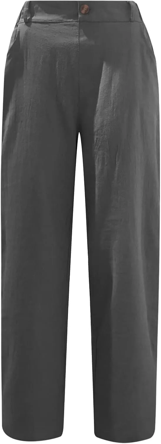 Womens Linen Capris Pants Cotton Trouser Cropped Fold Hem Trousers Slacks Business Workout Pants with Pockets