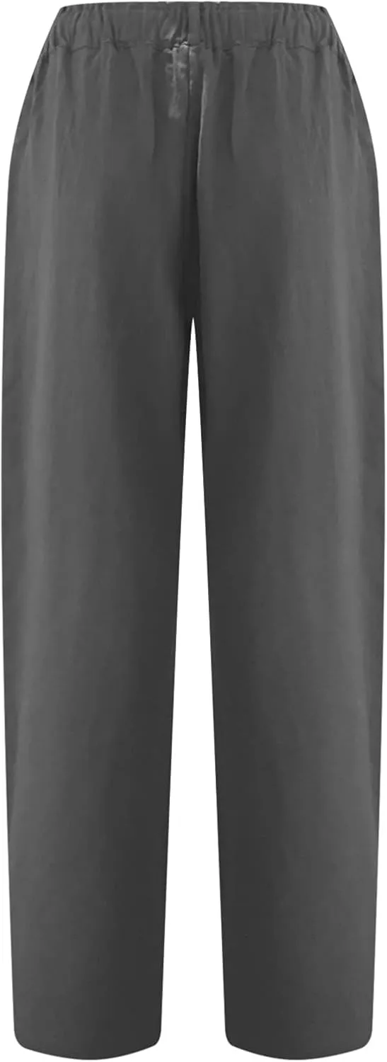 Womens Linen Capris Pants Cotton Trouser Cropped Fold Hem Trousers Slacks Business Workout Pants with Pockets