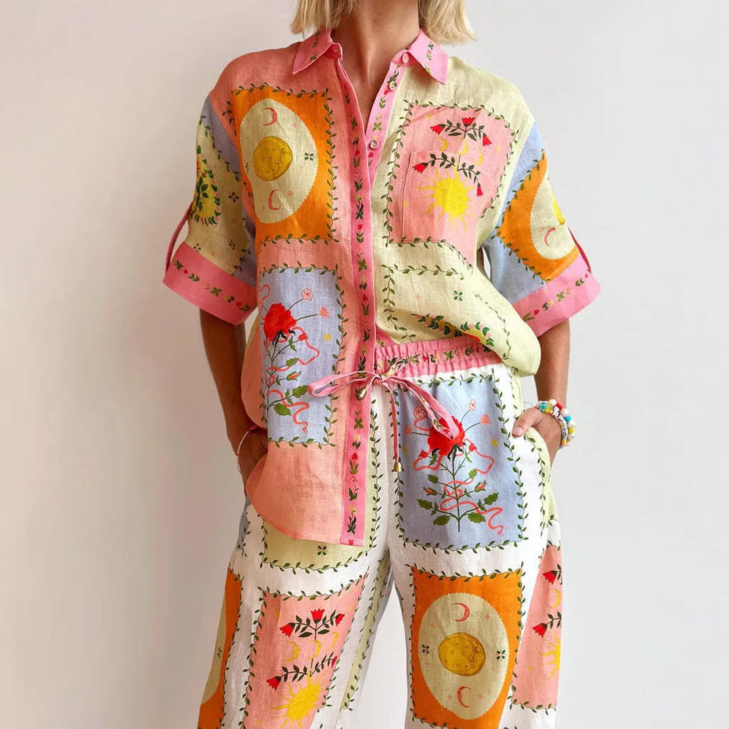 Women’s Linen Cardigan – Relaxed Fit – Short Sleeve – Button-Up Artistic Design