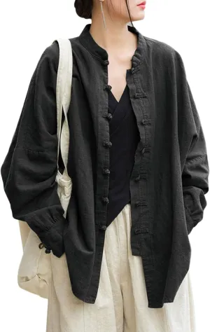 Women's Linen Oversized Blouses Vintage Long Sleeve Jackets Loose fit Chinese Frog Shirts