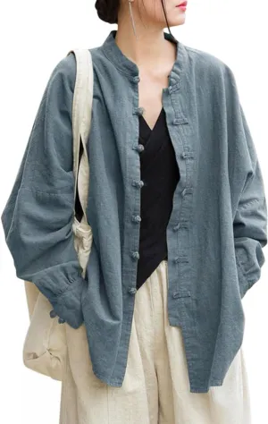 Women's Linen Oversized Blouses Vintage Long Sleeve Jackets Loose fit Chinese Frog Shirts