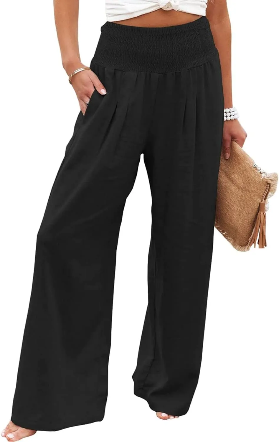 Womens Linen Palazzo Pants Lightweight High Waisted Wide Leg Pant Lounge Flowy Summer Boho Vacation Beach Pant Trousers