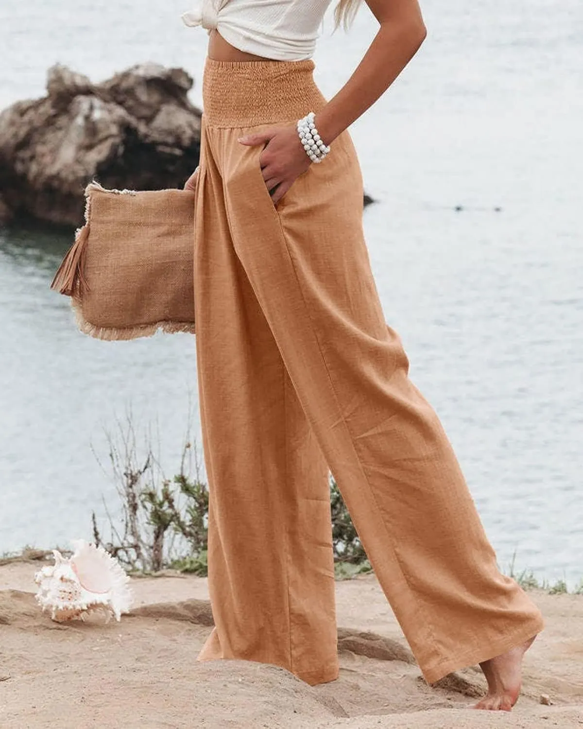 Womens Linen Palazzo Pants Lightweight High Waisted Wide Leg Pant Lounge Flowy Summer Boho Vacation Beach Pant Trousers