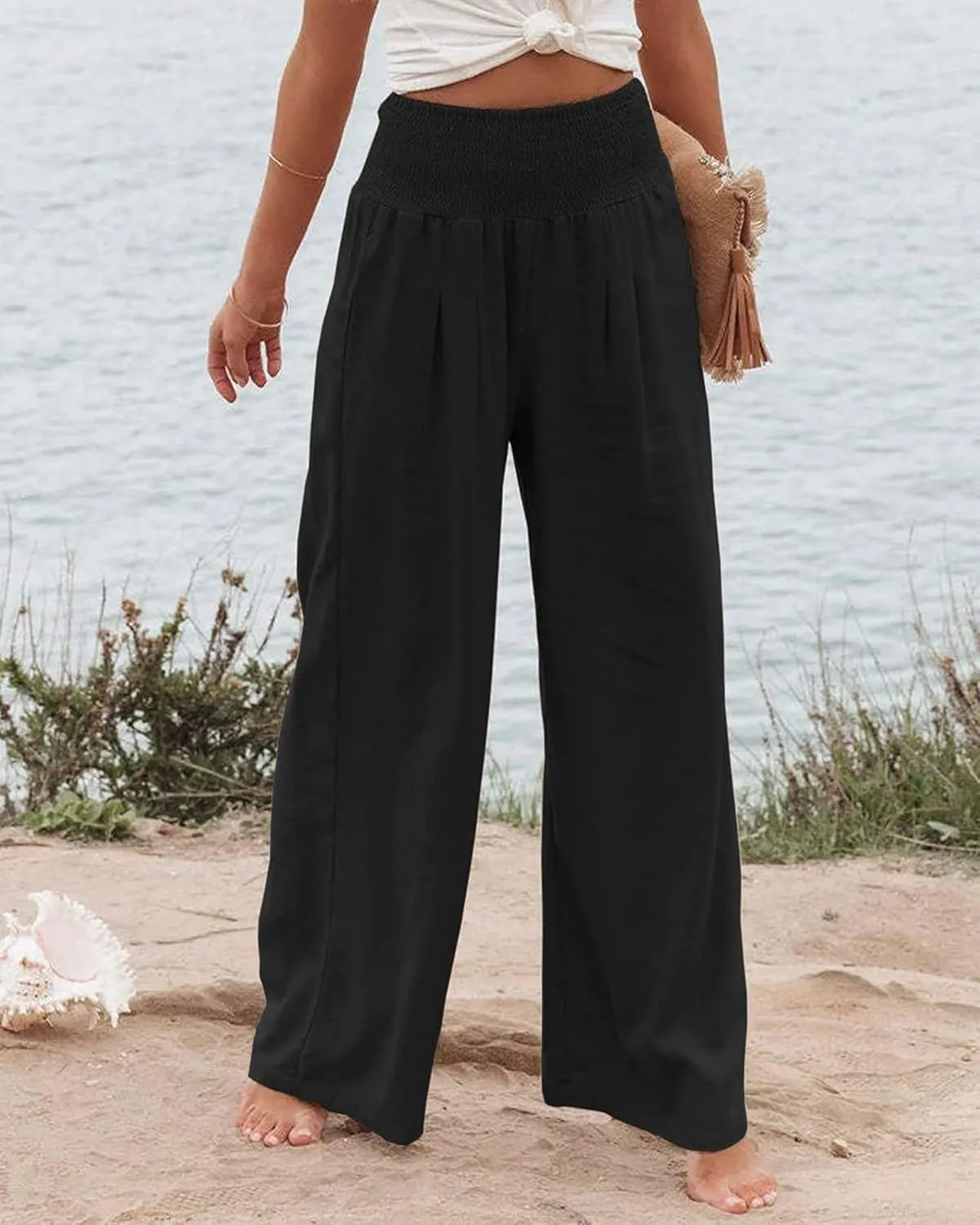 Womens Linen Palazzo Pants Lightweight High Waisted Wide Leg Pant Lounge Flowy Summer Boho Vacation Beach Pant Trousers