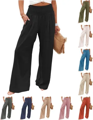 Womens Linen Palazzo Pants Lightweight High Waisted Wide Leg Pant Lounge Flowy Summer Boho Vacation Beach Pant Trousers