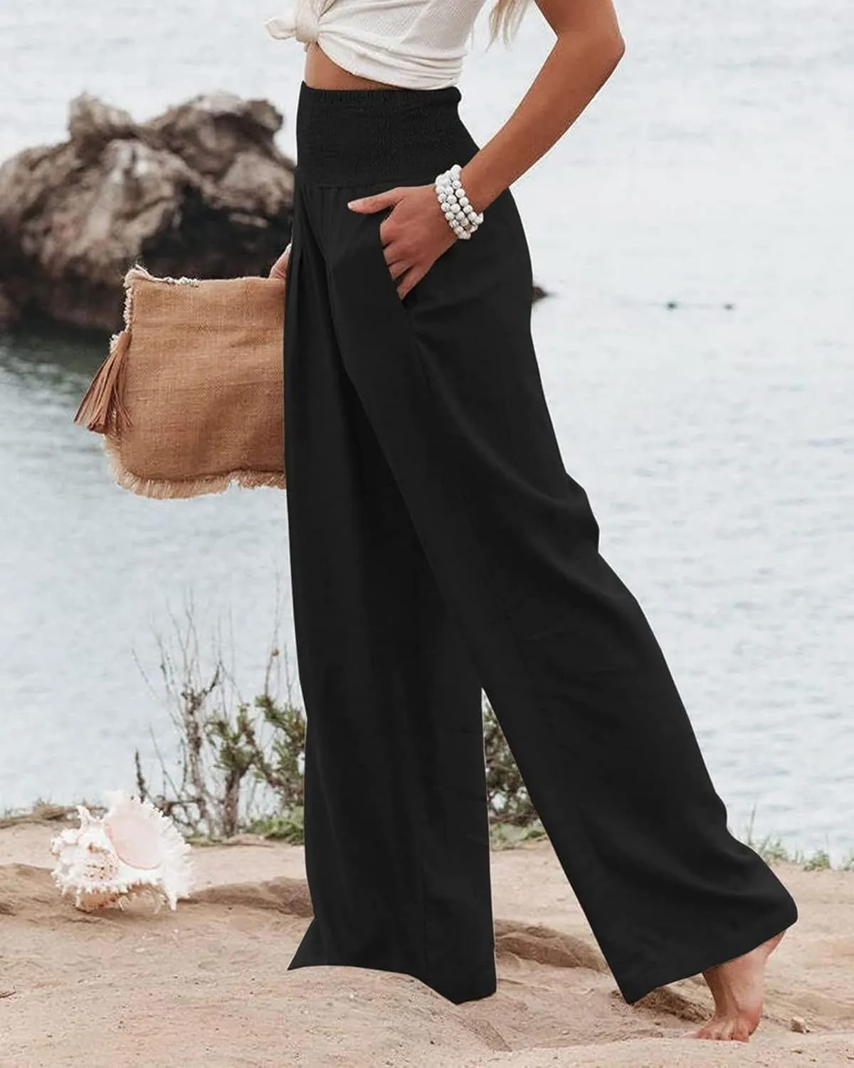 Womens Linen Palazzo Pants Lightweight High Waisted Wide Leg Pant Lounge Flowy Summer Boho Vacation Beach Pant Trousers