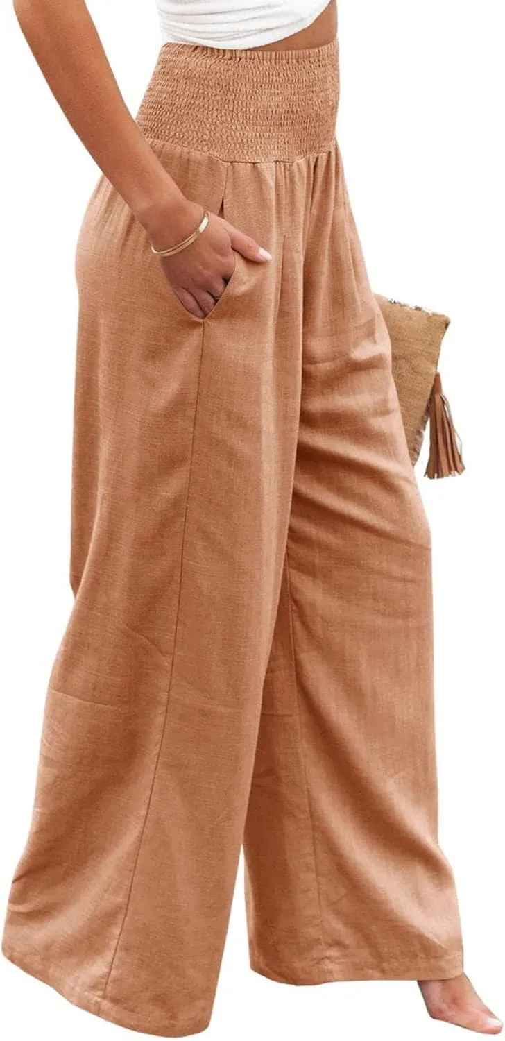 Womens Linen Palazzo Pants Lightweight High Waisted Wide Leg Pant Lounge Flowy Summer Boho Vacation Beach Pant Trousers