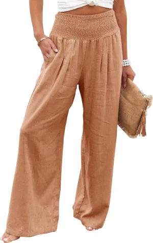 Womens Linen Palazzo Pants Lightweight High Waisted Wide Leg Pant Lounge Flowy Summer Boho Vacation Beach Pant Trousers