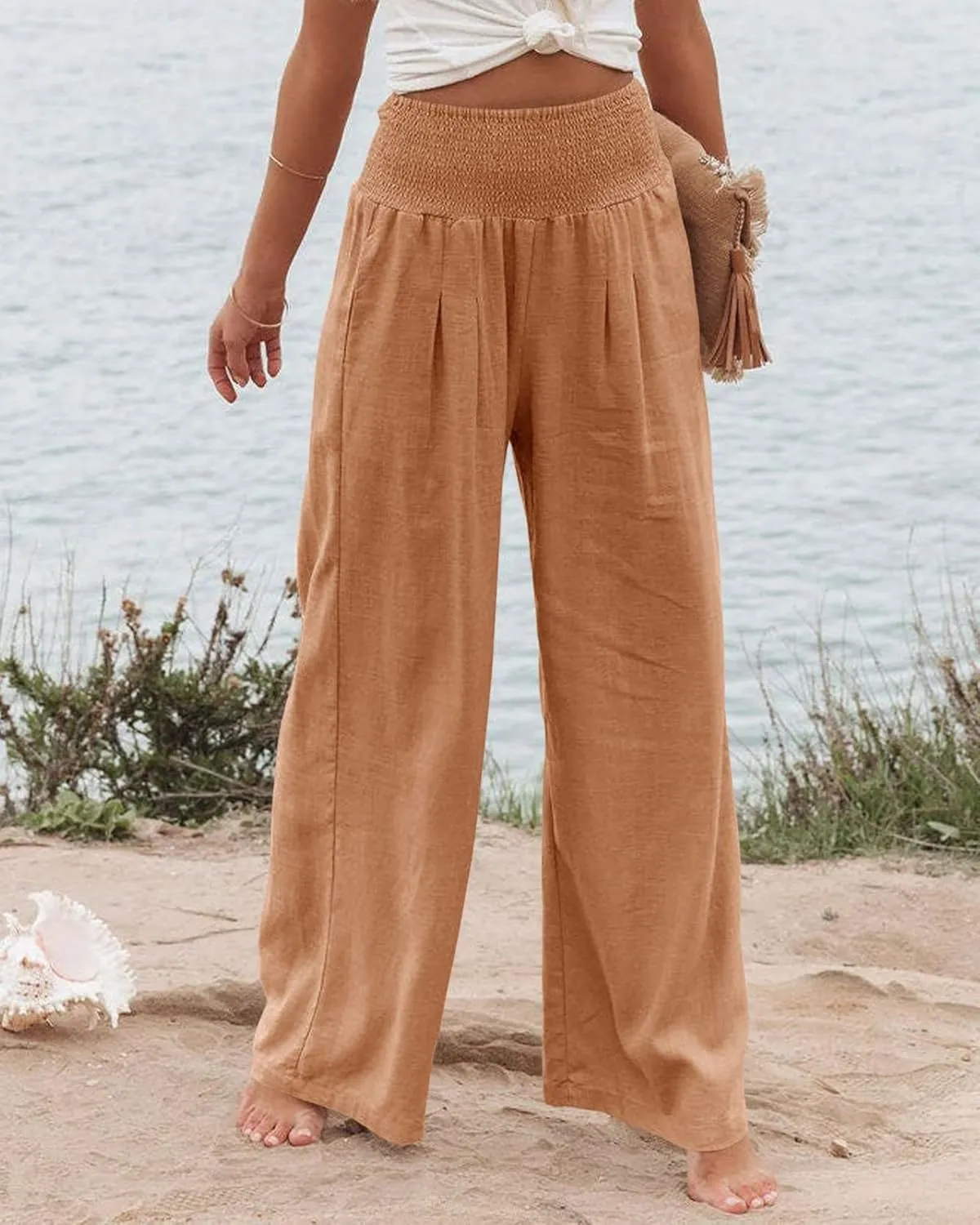 Womens Linen Palazzo Pants Lightweight High Waisted Wide Leg Pant Lounge Flowy Summer Boho Vacation Beach Pant Trousers