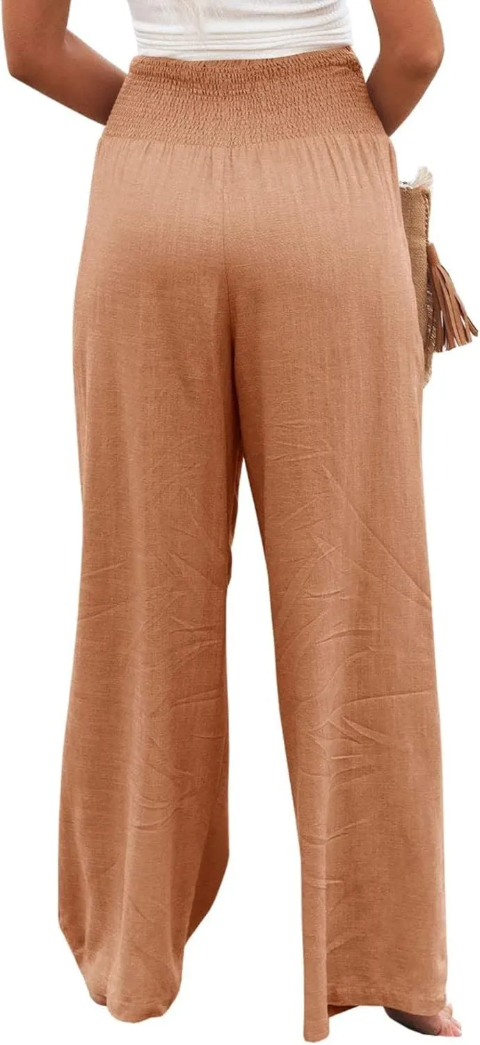 Womens Linen Palazzo Pants Lightweight High Waisted Wide Leg Pant Lounge Flowy Summer Boho Vacation Beach Pant Trousers