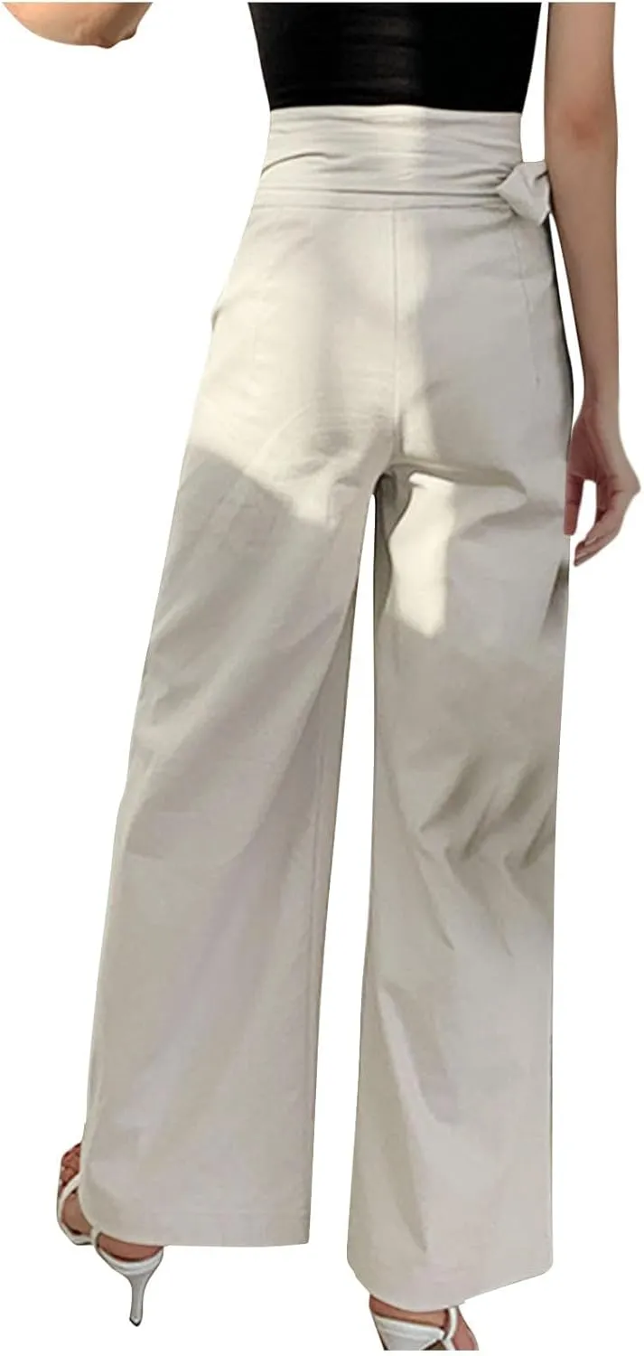 Womens Linen Pants Wide Leg High Waisted Palazzo Vacation Pants with Adjustable Tie Belt Casual Solid Summer Trousers