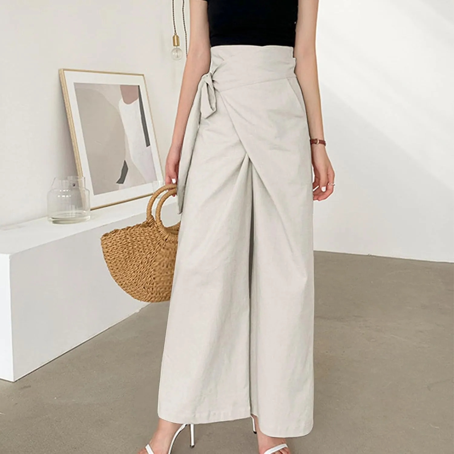 Womens Linen Pants Wide Leg High Waisted Palazzo Vacation Pants with Adjustable Tie Belt Casual Solid Summer Trousers