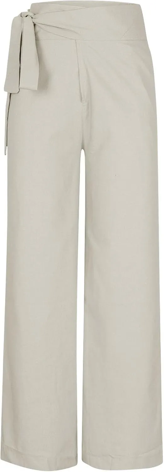 Womens Linen Pants Wide Leg High Waisted Palazzo Vacation Pants with Adjustable Tie Belt Casual Solid Summer Trousers