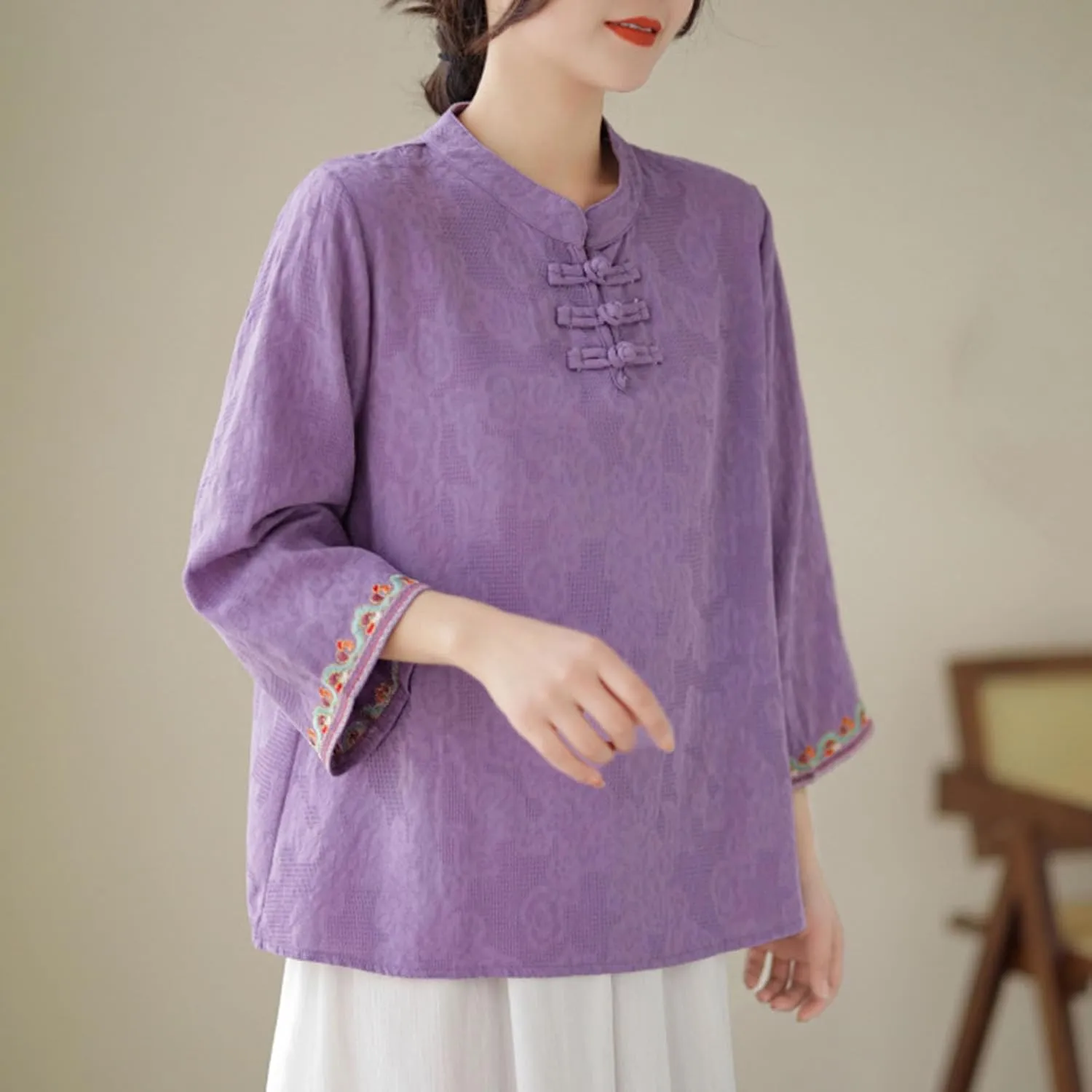 Women's Linen Retro Chinese Frog Button Tops Mandarin Collar Blouse Embroidery Long Sleeve Shirts Trendy