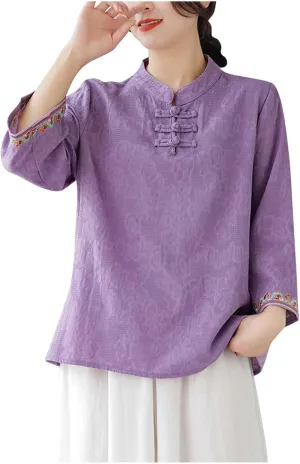 Women's Linen Retro Chinese Frog Button Tops Mandarin Collar Blouse Embroidery Long Sleeve Shirts Trendy