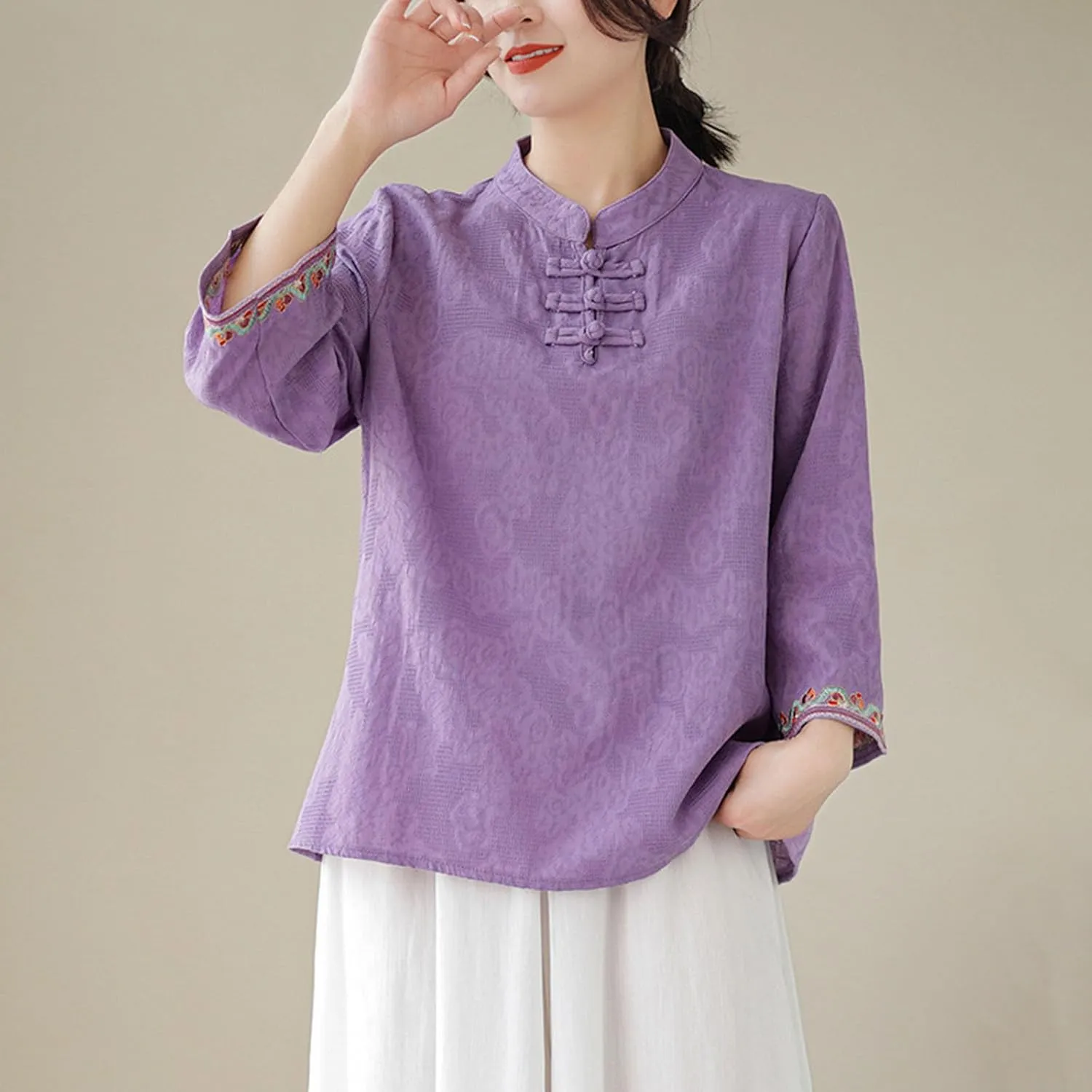 Women's Linen Retro Chinese Frog Button Tops Mandarin Collar Blouse Embroidery Long Sleeve Shirts Trendy