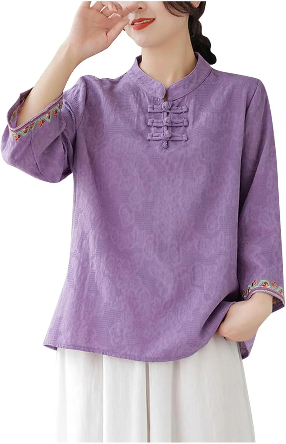 Women's Linen Retro Chinese Frog Button Tops Mandarin Collar Blouse Embroidery Long Sleeve Shirts Trendy