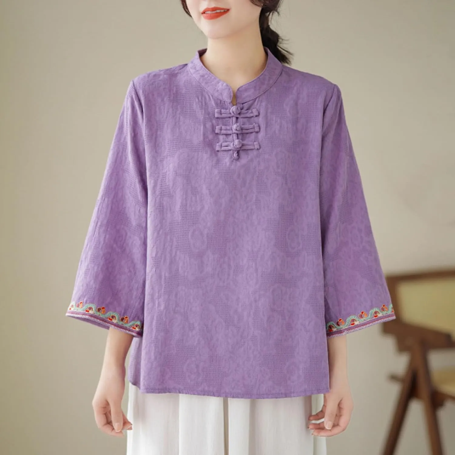 Women's Linen Retro Chinese Frog Button Tops Mandarin Collar Blouse Embroidery Long Sleeve Shirts Trendy