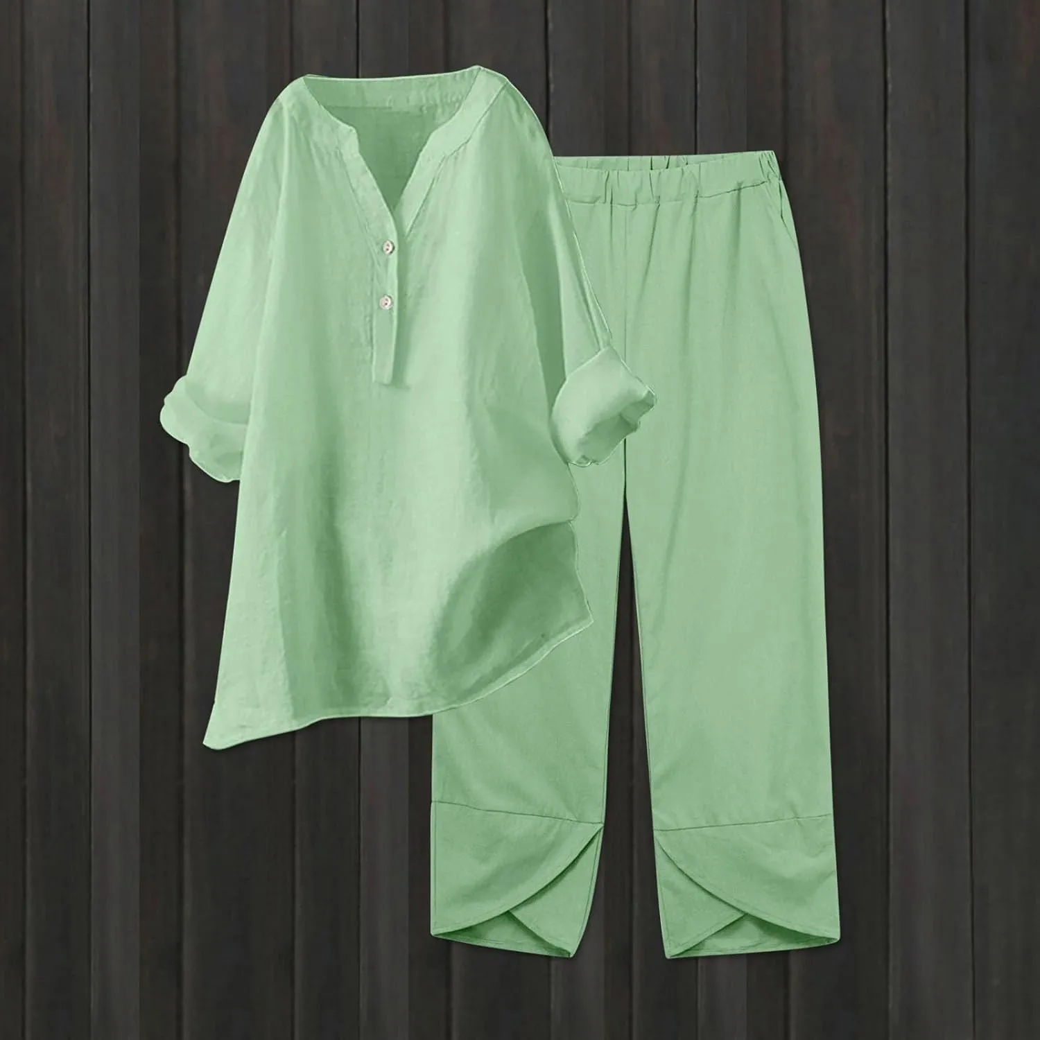 Womens Linen Sets 2 Piece Oversized 3/4 Length Sleeve Comfy Shirts Summer V Neck Loose Wide Leg Pants with Pockets