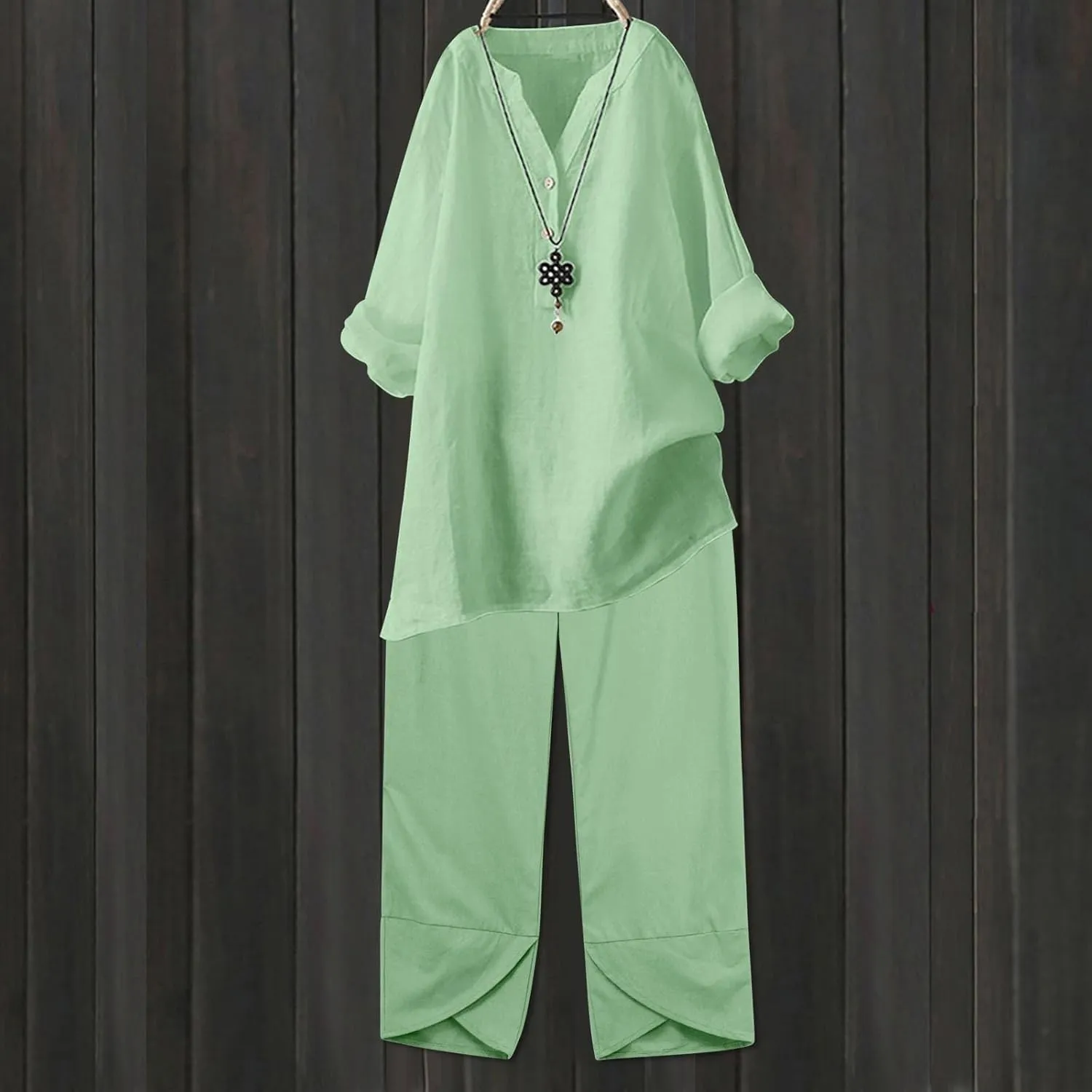 Womens Linen Sets 2 Piece Oversized 3/4 Length Sleeve Comfy Shirts Summer V Neck Loose Wide Leg Pants with Pockets
