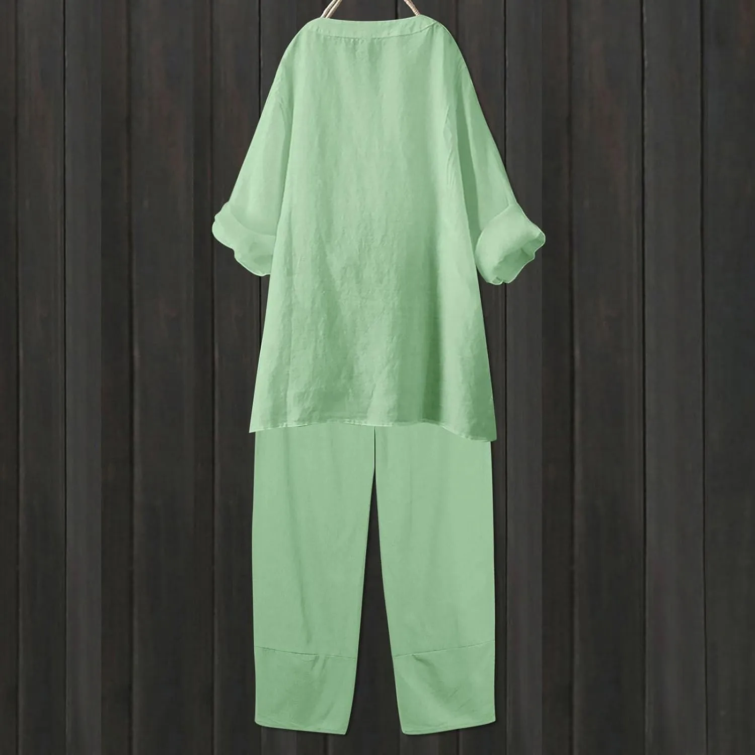 Womens Linen Sets 2 Piece Oversized 3/4 Length Sleeve Comfy Shirts Summer V Neck Loose Wide Leg Pants with Pockets