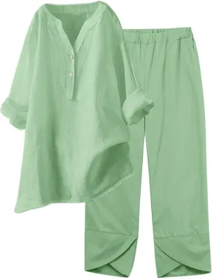 Womens Linen Sets 2 Piece Oversized 3/4 Length Sleeve Comfy Shirts Summer V Neck Loose Wide Leg Pants with Pockets