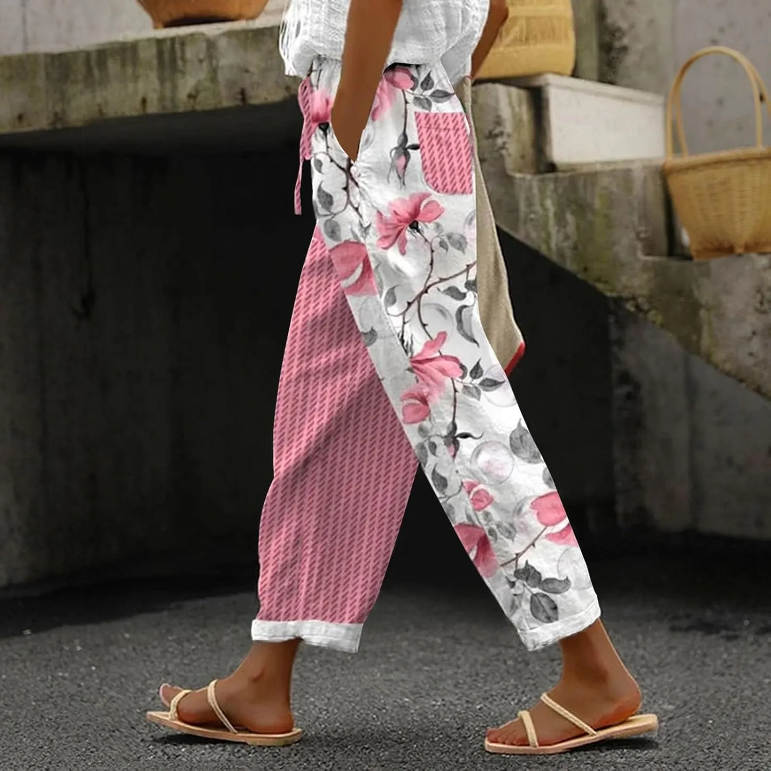 Womens Linen Summer Capri Pants Capri Pants with Pockets Wide Leg Cropped Pants for Women Comfy Loose Summer Beach