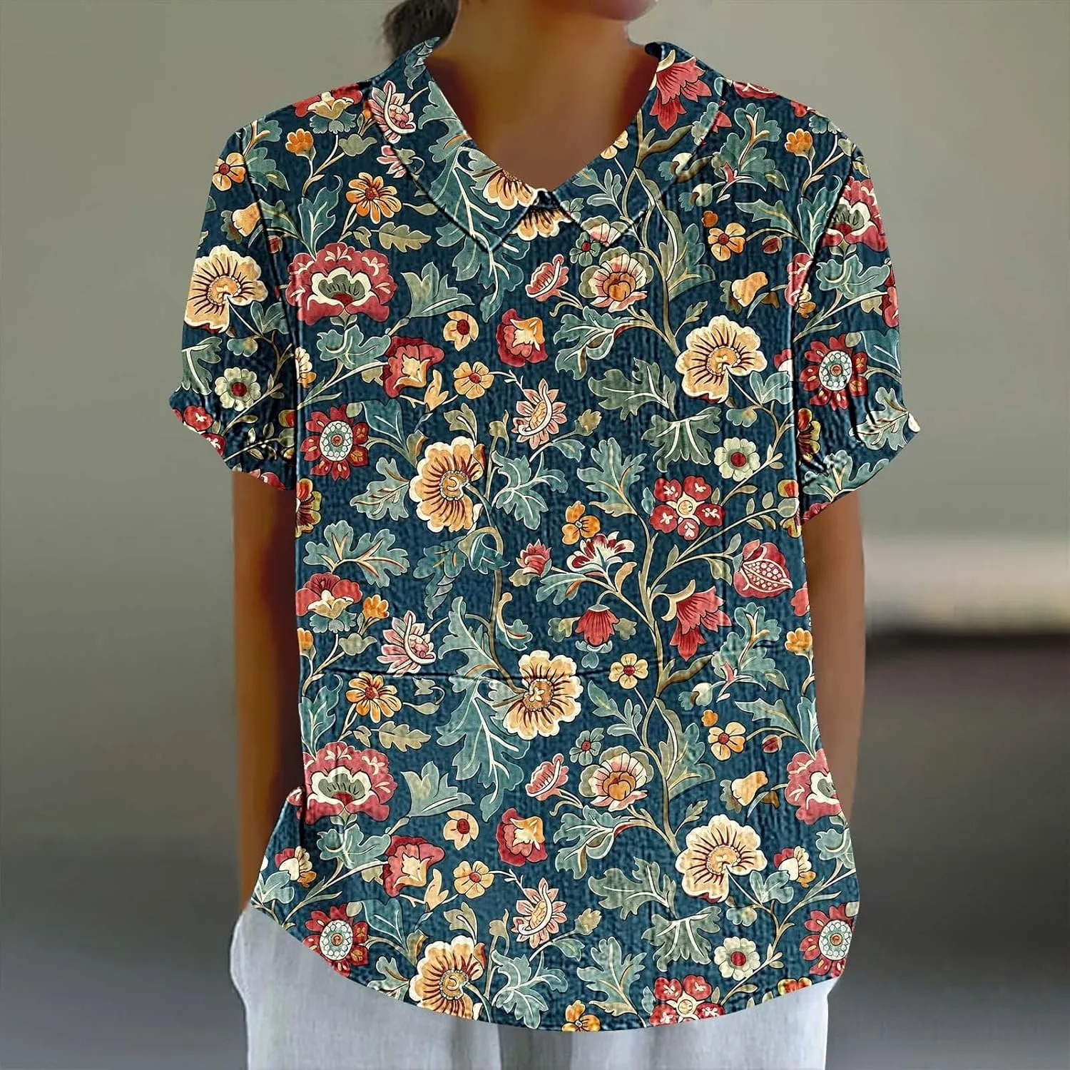 Womens Linen Summer Shirts Short Sleeve Cute Flower Graphic Print Tops Vintage Lightweight Loose Clothing