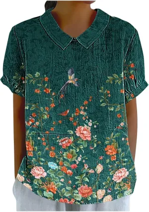 Womens Linen Summer Shirts Short Sleeve Cute Flower Graphic Print Tops Vintage Lightweight Loose Clothing