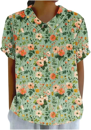 Womens Linen Summer Shirts Short Sleeve Cute Flower Graphic Print Tops Vintage Lightweight Loose Clothing