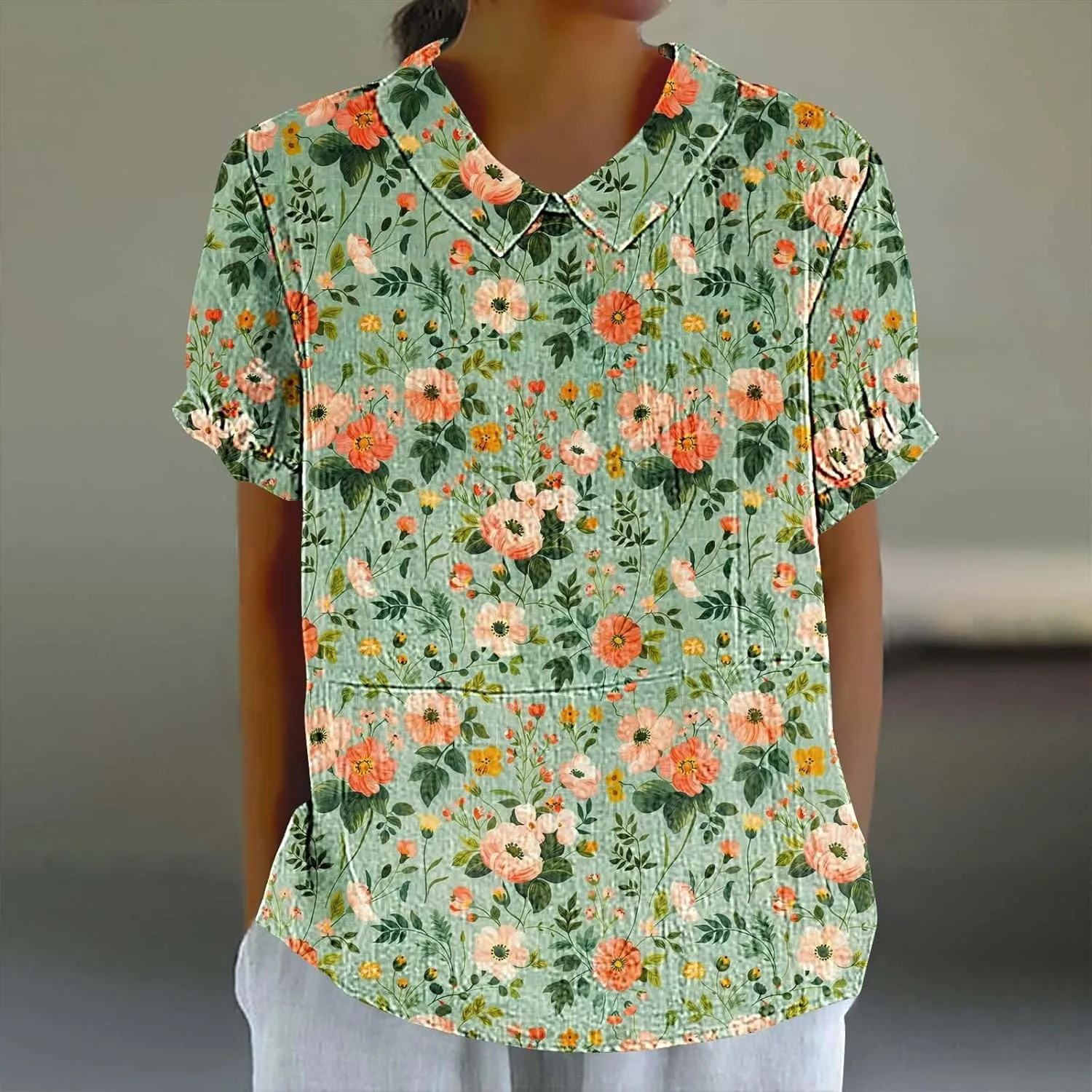 Womens Linen Summer Shirts Short Sleeve Cute Flower Graphic Print Tops Vintage Lightweight Loose Clothing