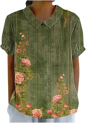 Womens Linen Summer Shirts Short Sleeve Cute Flower Graphic Print Tops Vintage Lightweight Loose Clothing