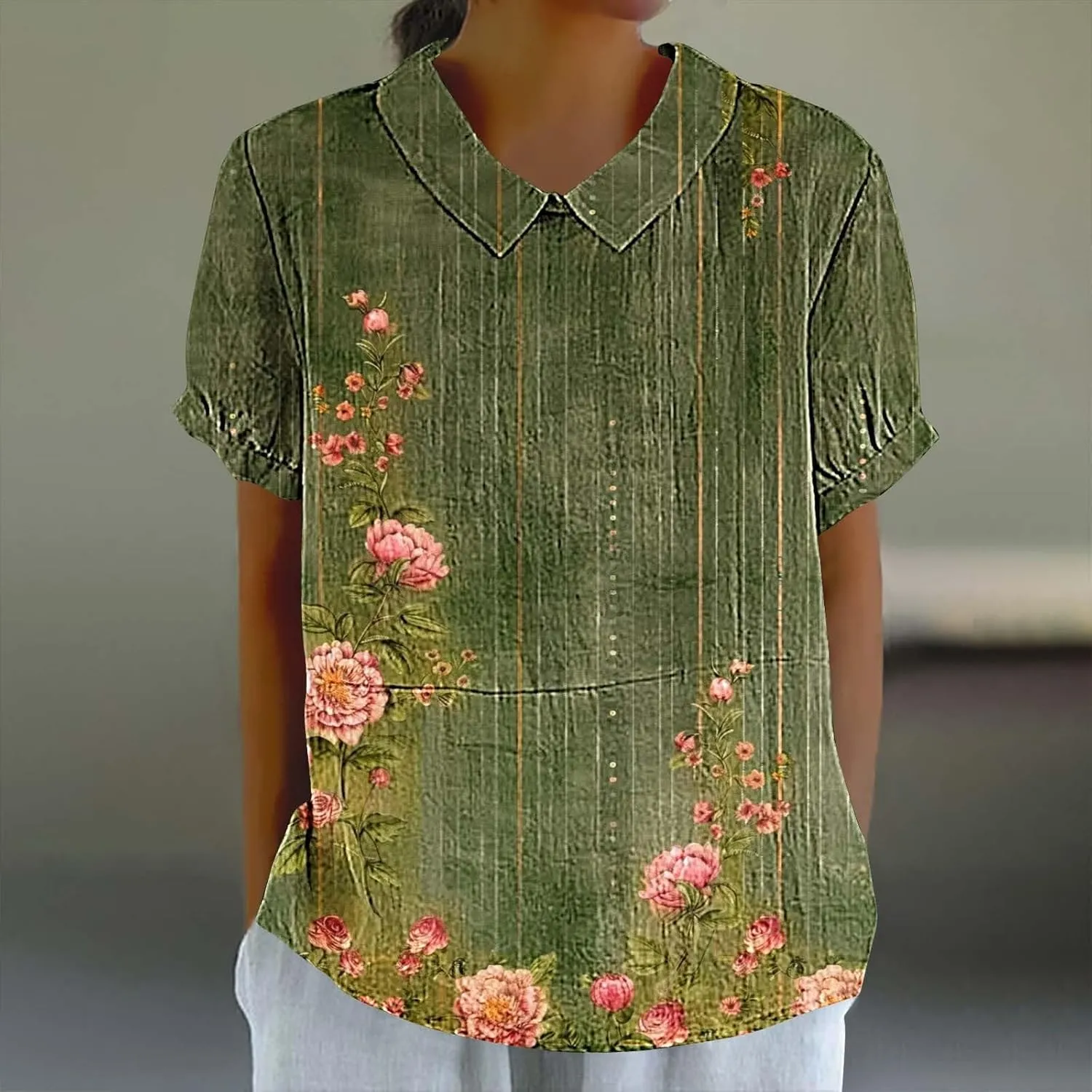 Womens Linen Summer Shirts Short Sleeve Cute Flower Graphic Print Tops Vintage Lightweight Loose Clothing