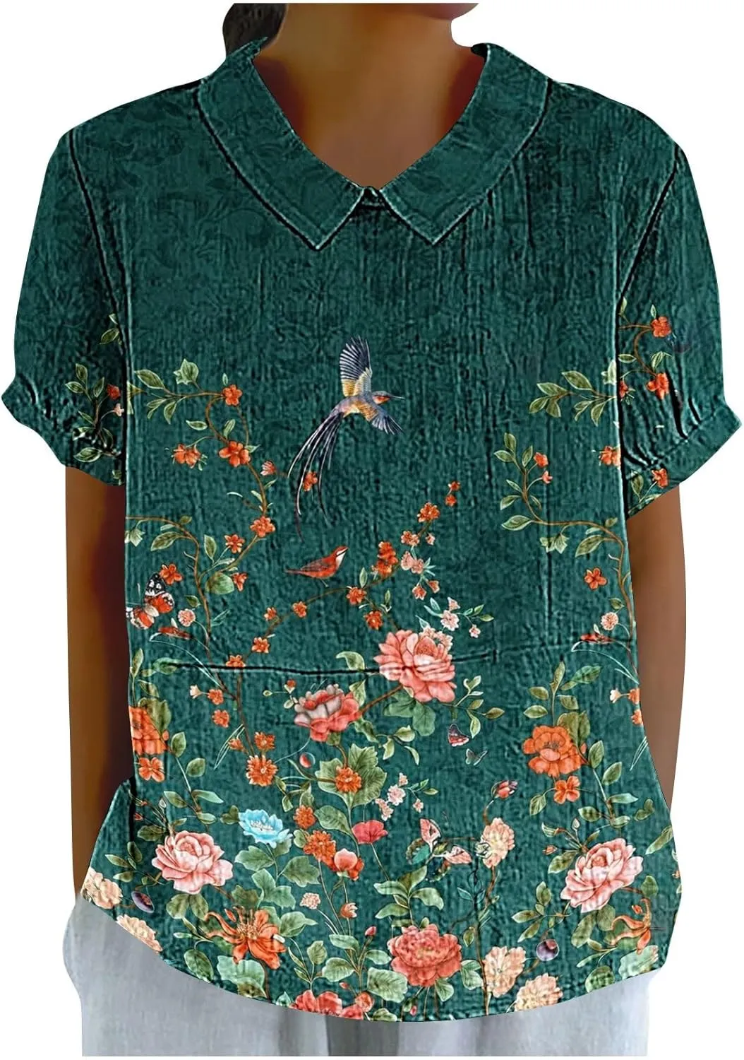 Womens Linen Summer Shirts Short Sleeve Cute Flower Graphic Print Tops Vintage Lightweight Loose Clothing