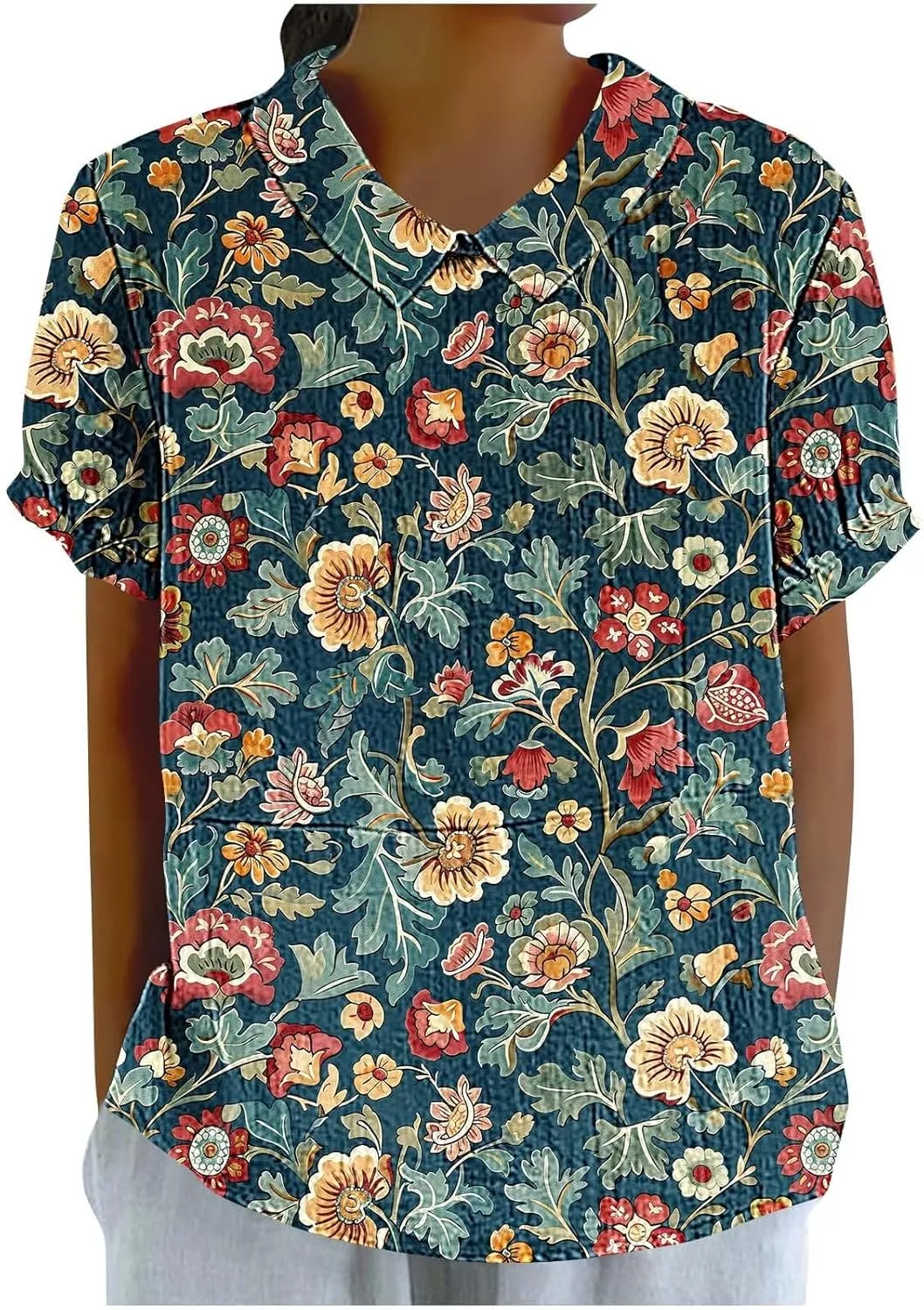 Womens Linen Summer Shirts Short Sleeve Cute Flower Graphic Print Tops Vintage Lightweight Loose Clothing