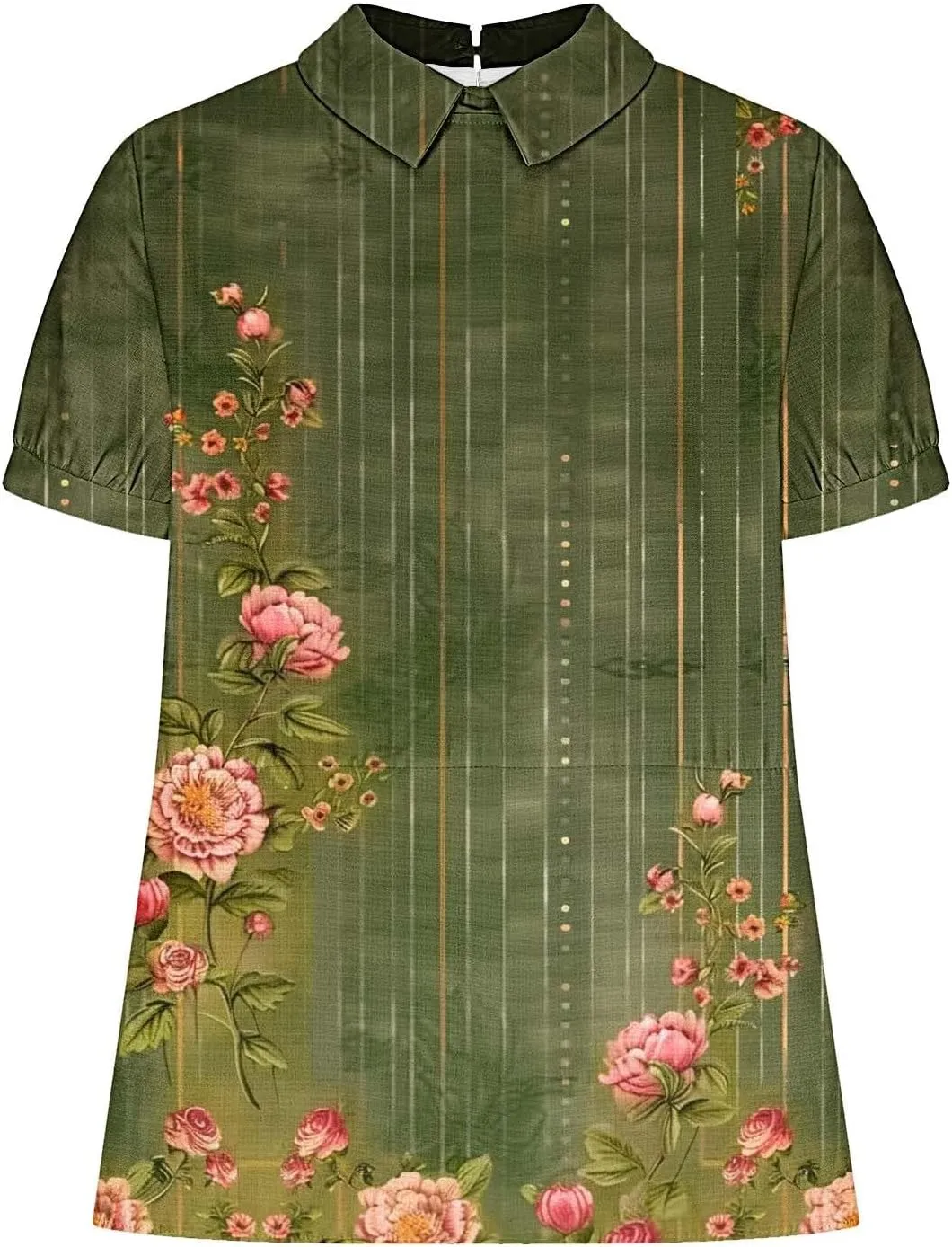 Womens Linen Summer Shirts Short Sleeve Cute Flower Graphic Print Tops Vintage Lightweight Loose Clothing