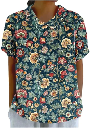 Womens Linen Summer Shirts Short Sleeve Cute Flower Graphic Print Tops Vintage Lightweight Loose Clothing