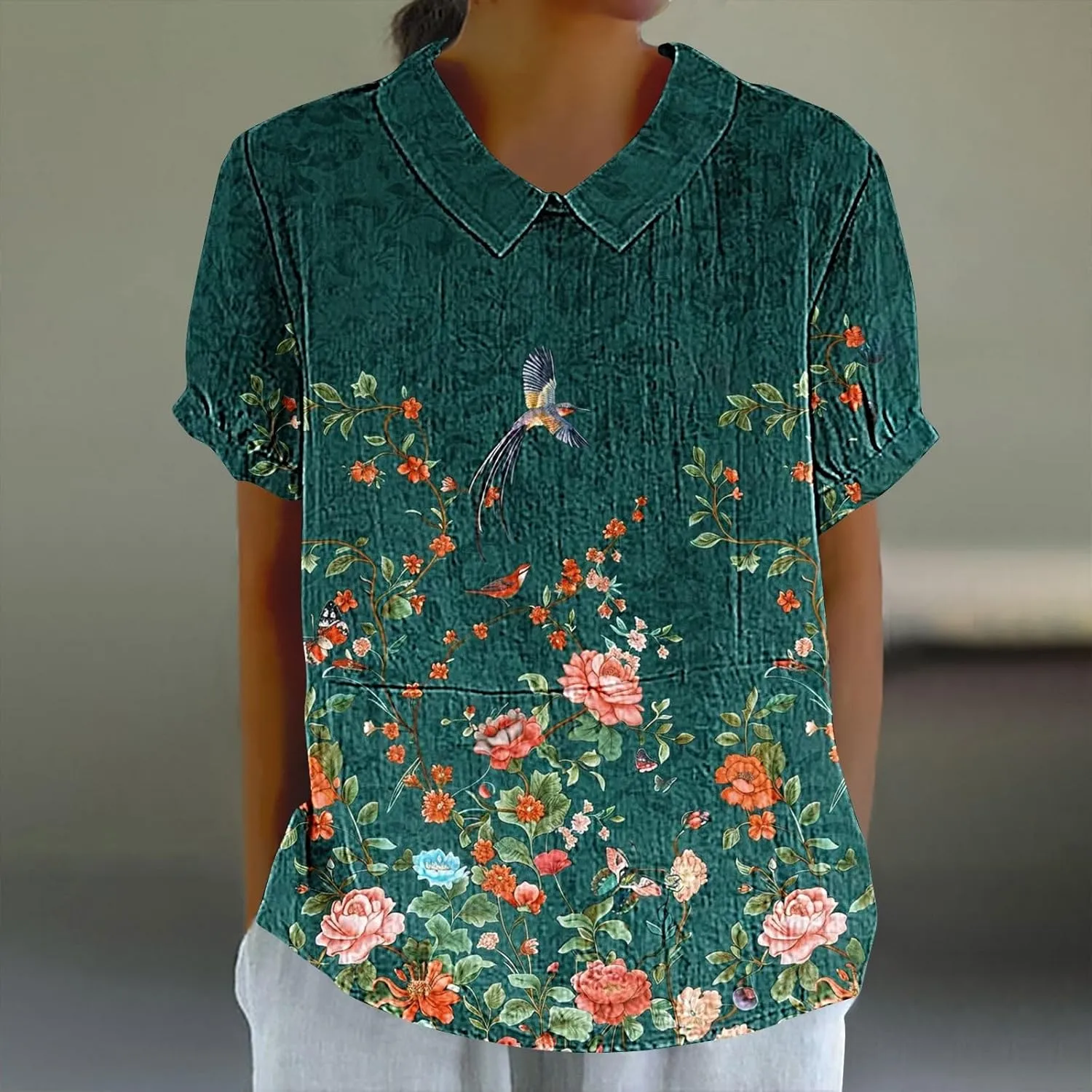 Womens Linen Summer Shirts Short Sleeve Cute Flower Graphic Print Tops Vintage Lightweight Loose Clothing