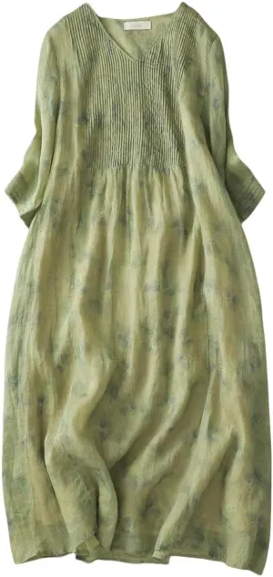 Women's Literary Cotton Linen Print V-Neck 3/4 Sleeve A-Line Skirt for Casual Art Daily Spring Summer
