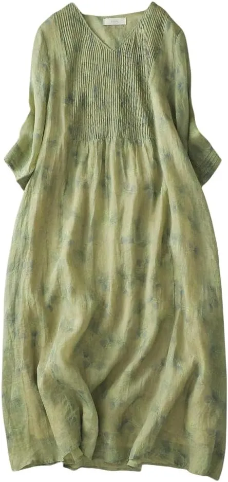 Women's Literary Cotton Linen Print V-Neck 3/4 Sleeve A-Line Skirt for Casual Art Daily Spring Summer