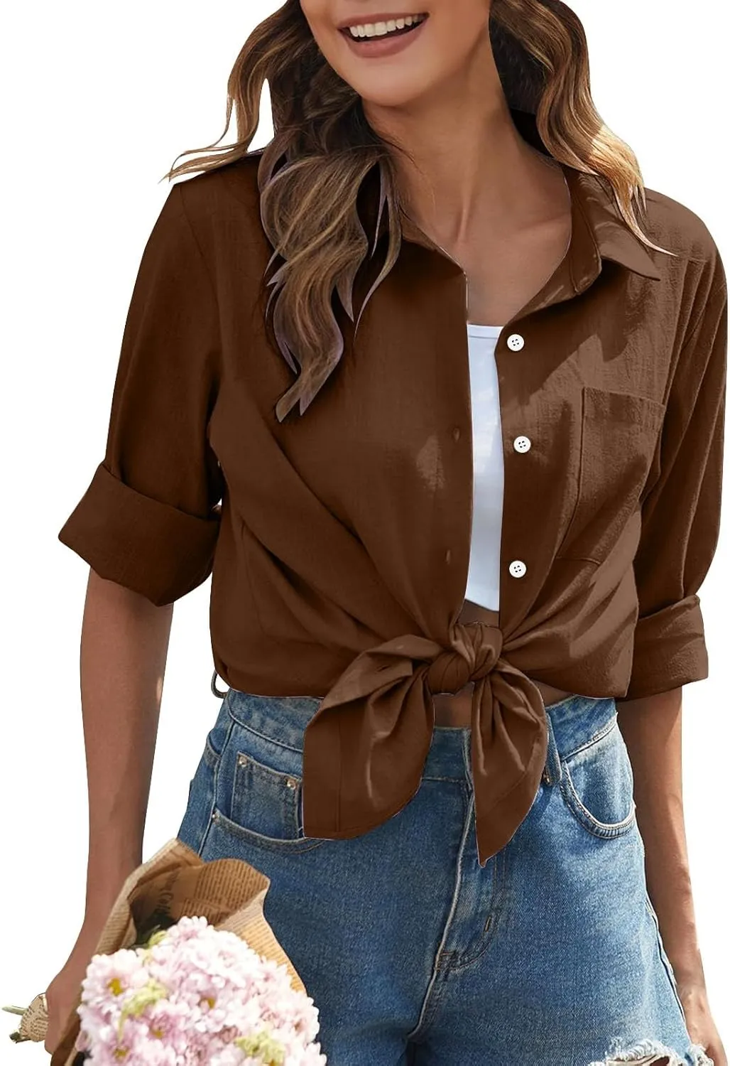 Womens Long Sleeve Button Down Women's Retro Floral Art Print Casual Long Sleeve Loose Fit Casual V-Neck Tops Linen